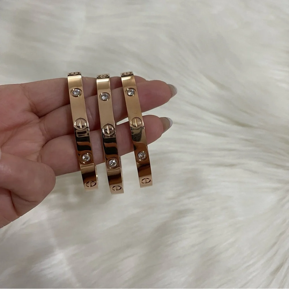 Stainless Steel Screw Cuff Bangle Bracelet 4 Stones Screwdriver Rose Gold
